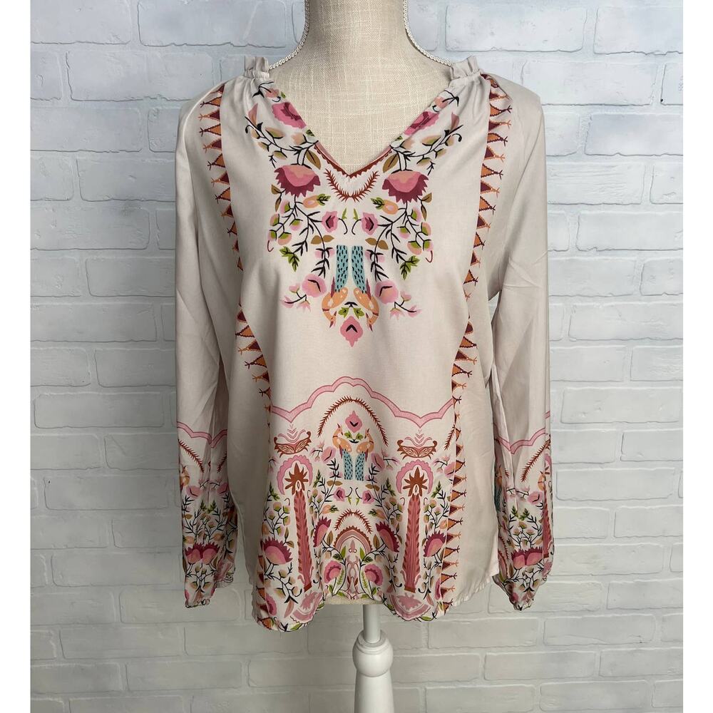 Boho Boutique Women's Tan Western Floral Print Peasant Top Blouse -sz S